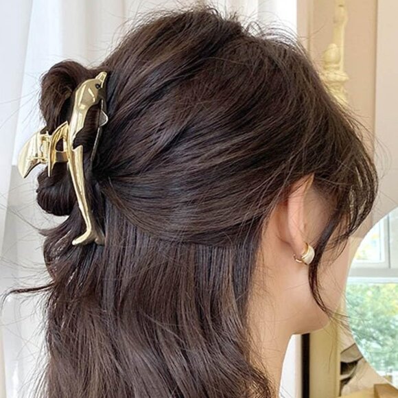 Dolphin Gold Hair Claw Animal Metal Kawaii Cartoon Clip Strong Clamp - Picture 4 of 5